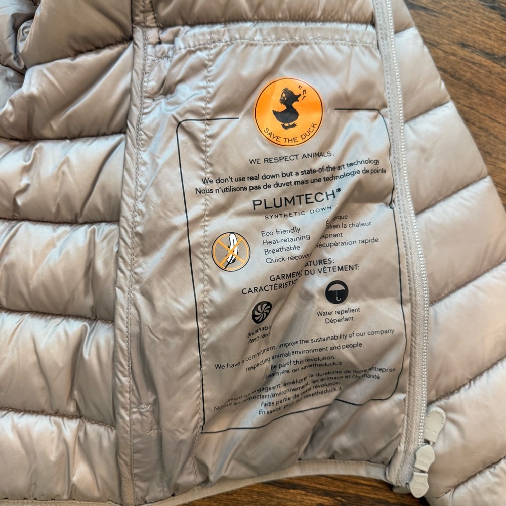SAVE THE DUCK Alexis Shore Beige Hooded Puffer Jacket Sz 2/M 100% animal free - Picture 10 of 12